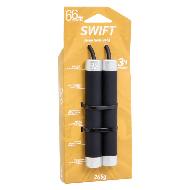 Front of the 66Fit Swift Jump Rope packaging.